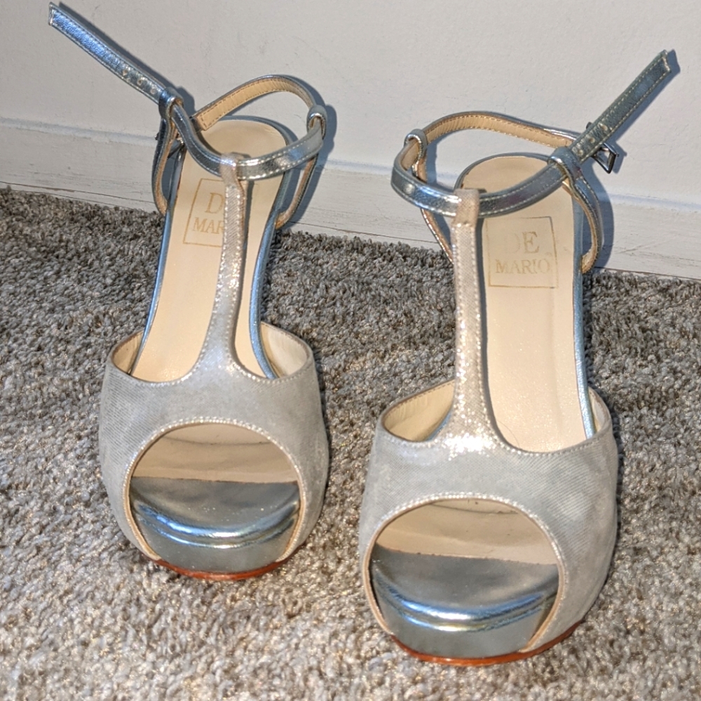 Silver open toe heels